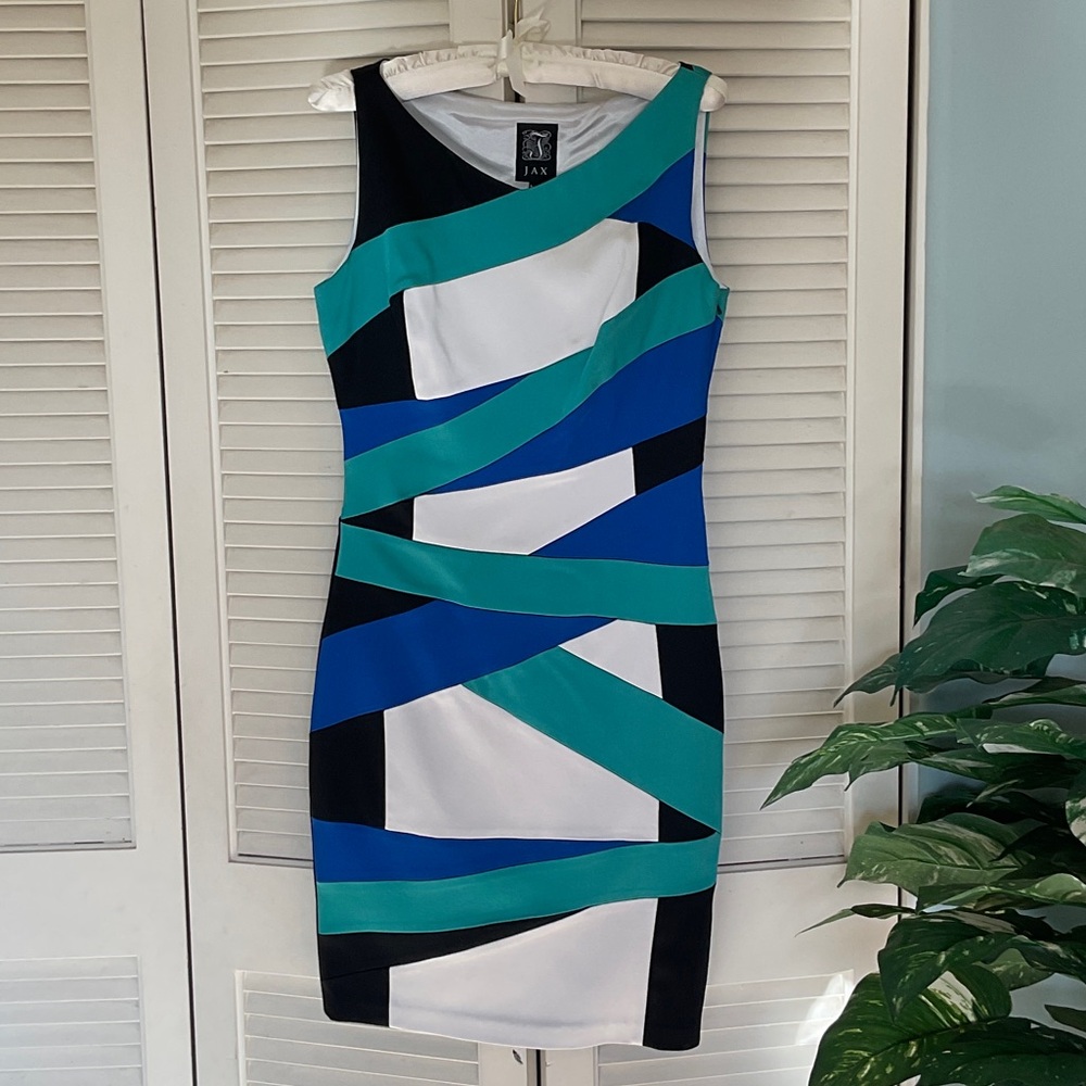 Jax Teal, Blue, Black & White Colorblock Sleeveless Midi Dress
